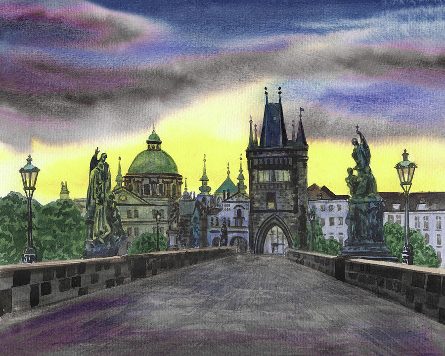 Sunset At Charles Bridge Prague Czech Republic Watercolor  Painting by Irina Sztukowski
