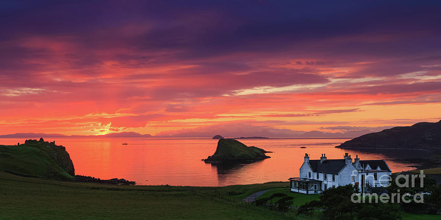 Sunset at Duntulm Castle and Duntulm hotel. Photograph by Henk Meijer Photography