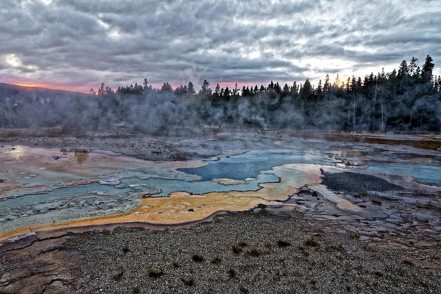 Sunset at Geyser Hill -- Doublet Pool in Yellowstone National Park, Wyoming Photograph by Darin Volpe