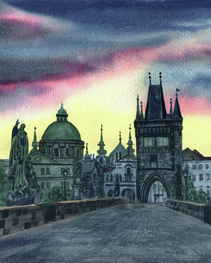 Sunset At Karluv Bridge Prague Czech Republic Watercolor  Painting by Irina Sztukowski