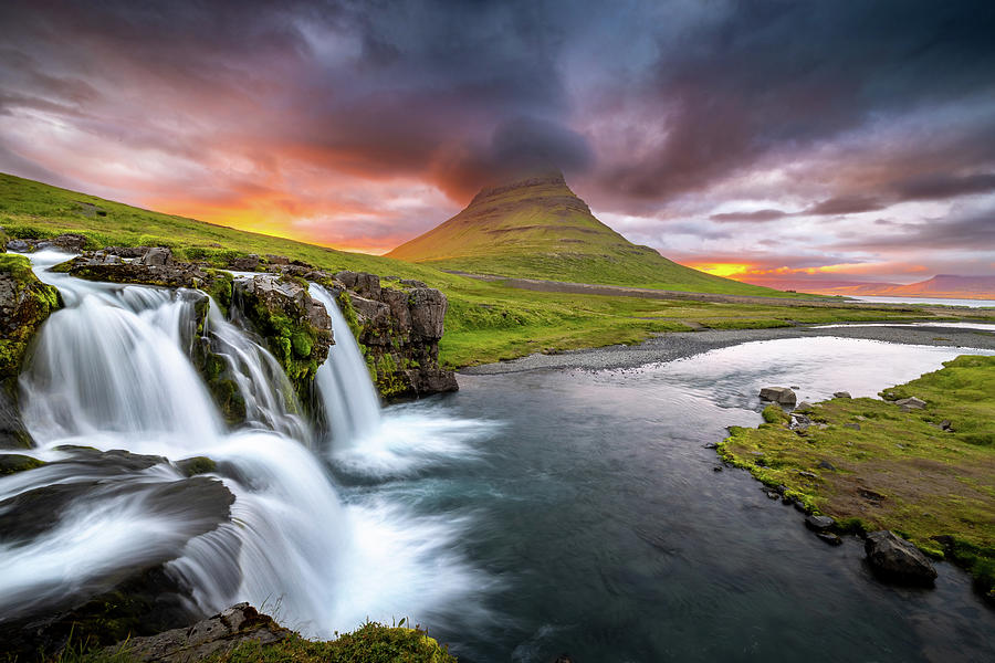 Sunset at Kirkjufellsfoss Lower Falls Photograph by Richard DeYoung ...