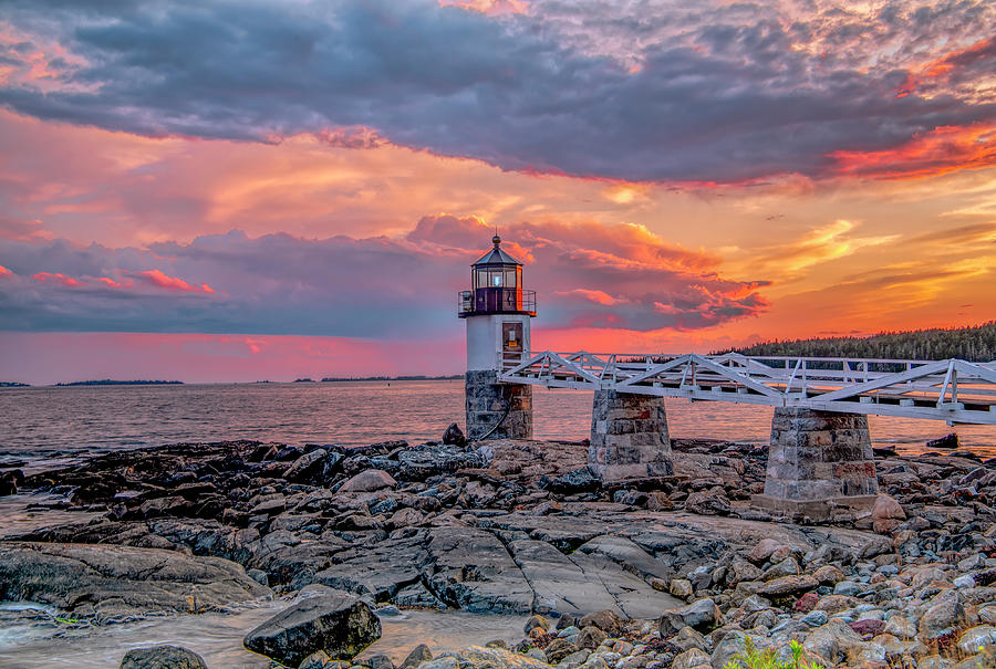 Sunset at Marshall Point Lighthouse, Coastal Maine Photograph by Marcy Wielfaert