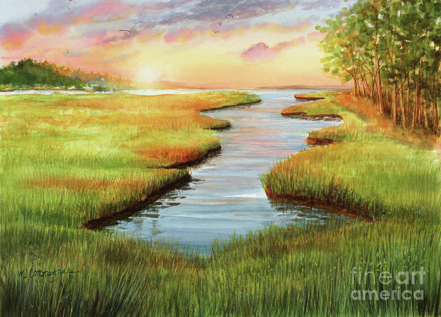 Sunset at Mill Creek Watercolor Painting by Michelle Constantine