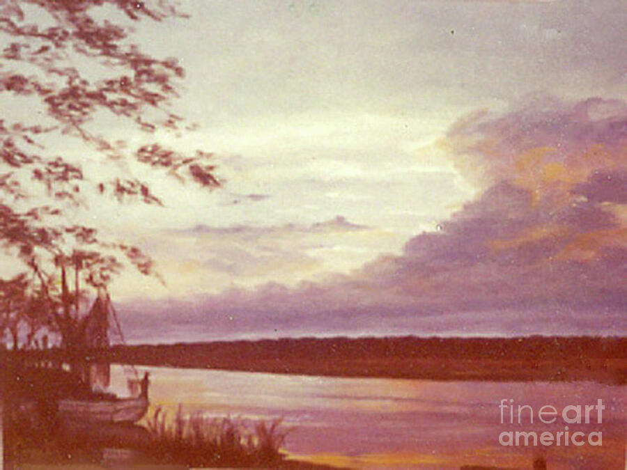 Sunset at Murrells Inlet on Fishing Boat Vintage Oil Painting Painting by Catherine Ludwig Donleycott