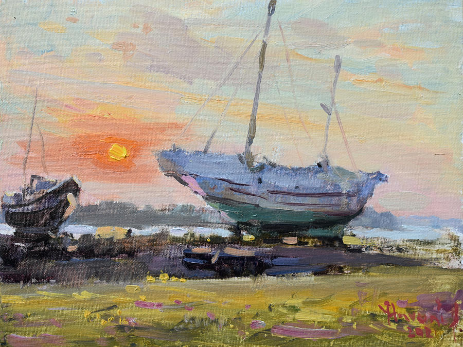 Sunset at North Tonawanda Dock Painting by Ylli Haruni