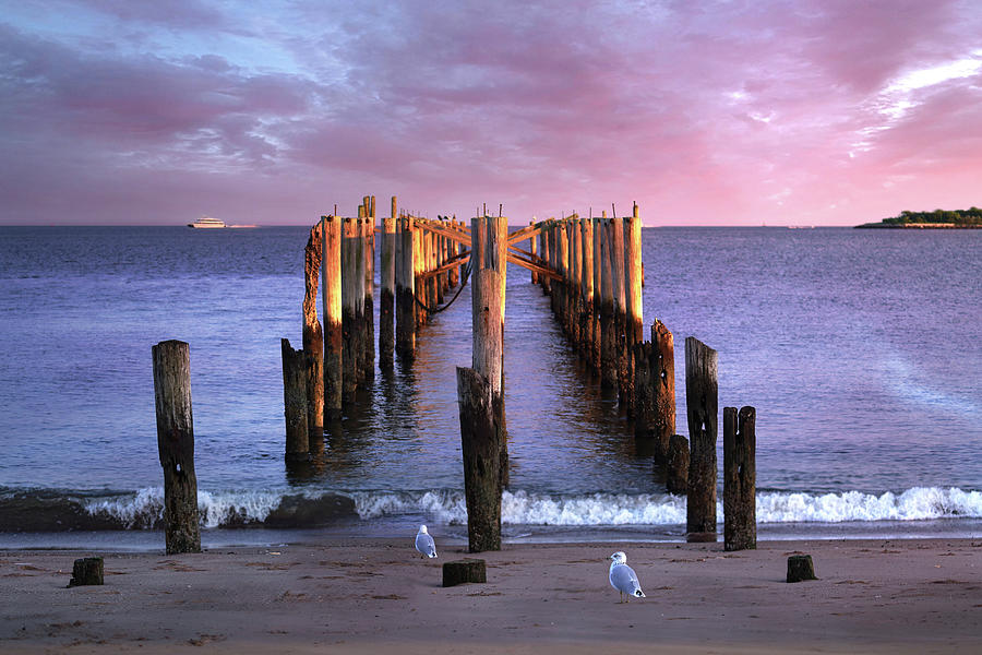 Sunset at Old Pier - South Beach Art Print Photograph by Lily Malor