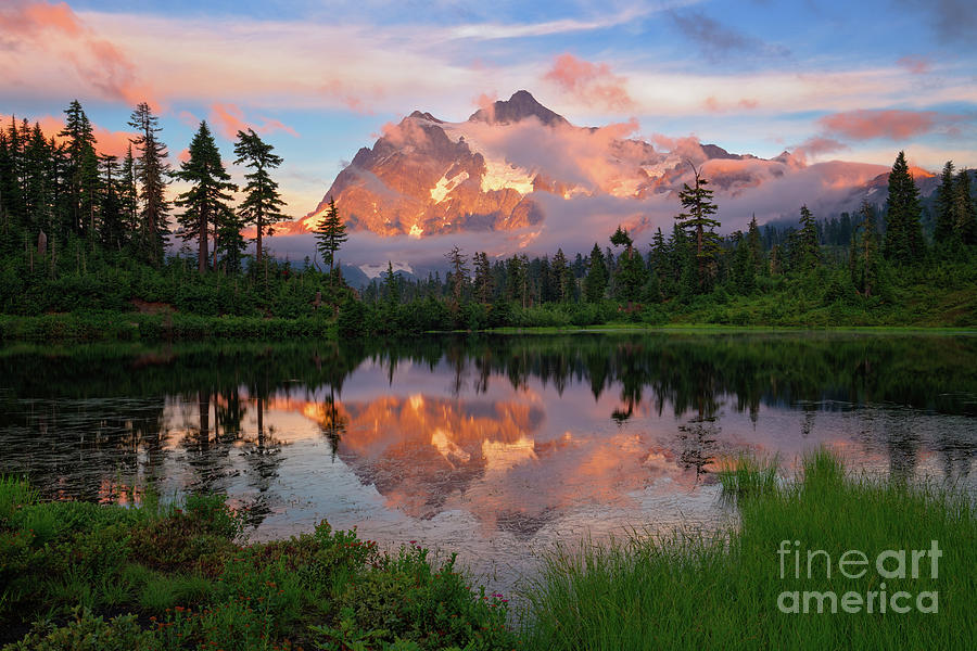 Sunset at Picture Lake with Mount Shuksan Photograph by Tom Schwabel