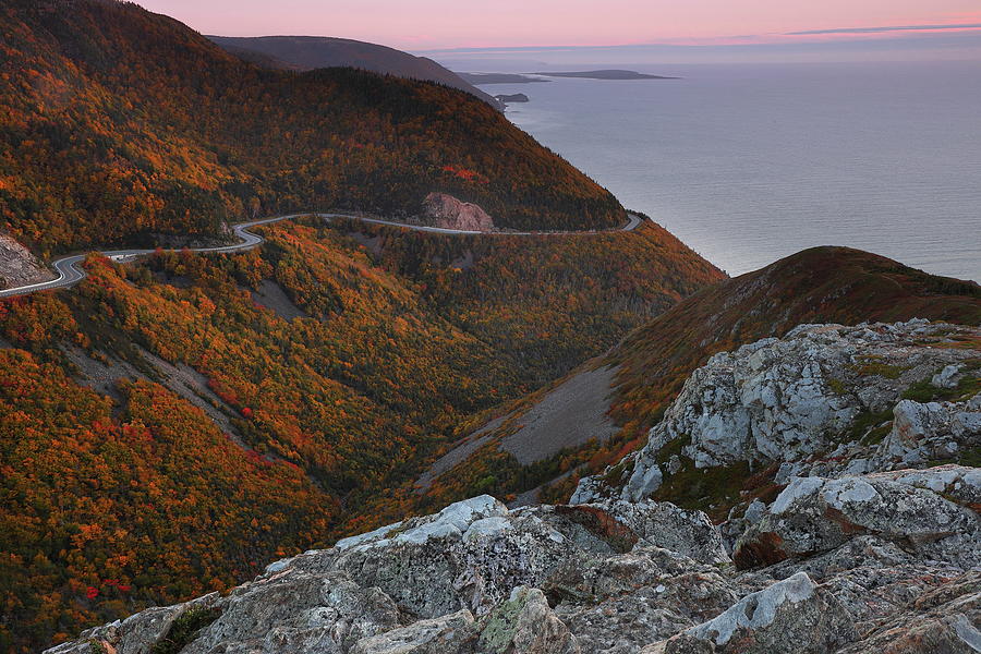 Sunset at Skyline Point Overlook at Cape Breton Highlands National Park during autumn Photograph by Jetson Nguyen