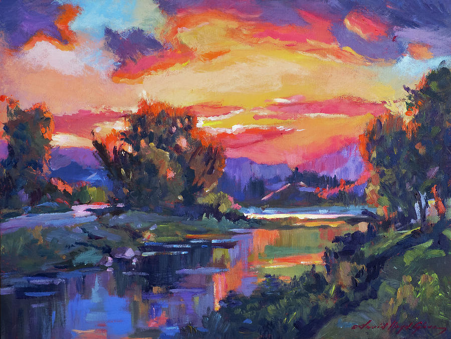 Sunset At Spring Lake. Ojai Painting by David Lloyd Glover