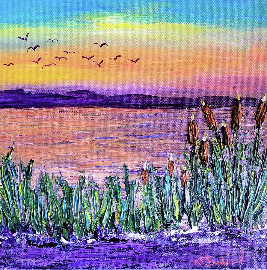 Sunset at the beach Painting by Ann Frederick