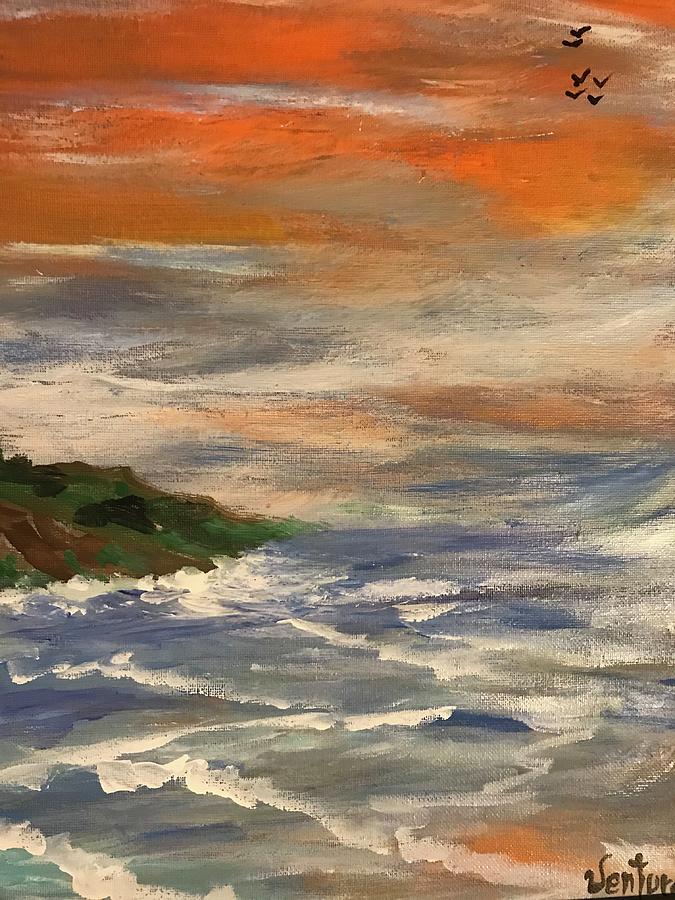 Sunset at the Beach, the skies above are orange Painting by Clare Ventura