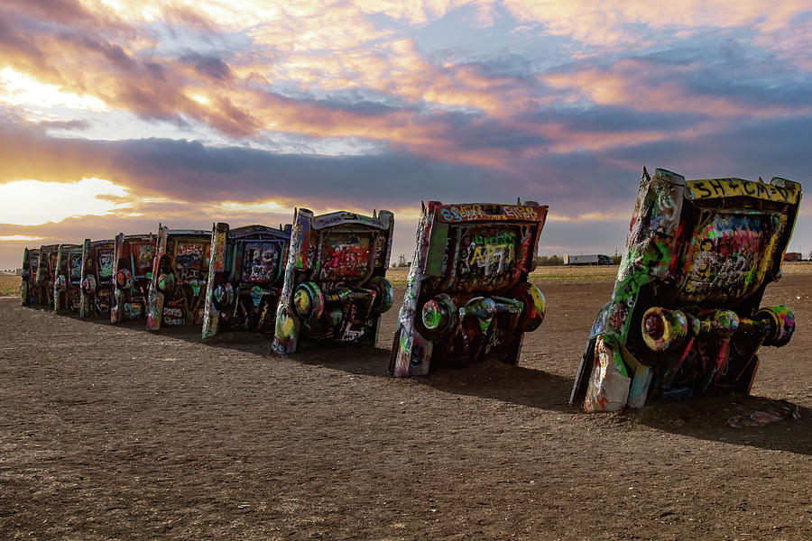 Sunset at the Cadillac Ranch in Amarillo, Texas Photograph by Jeff Folger