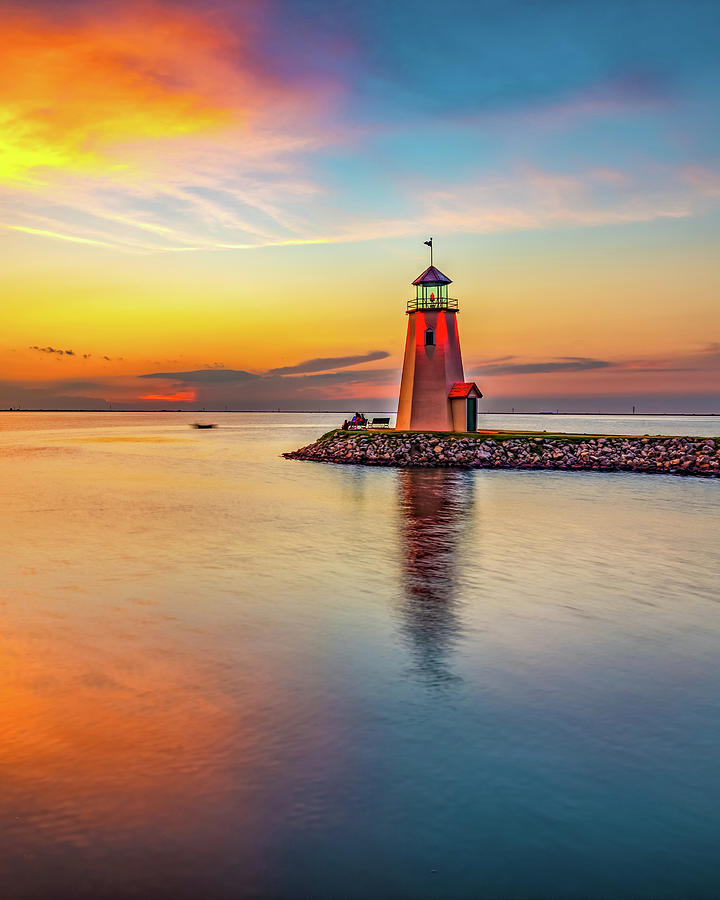 Sunset at The Lake Hefner Lighthouse - OKC East Wharf Photograph by Gregory Ballos