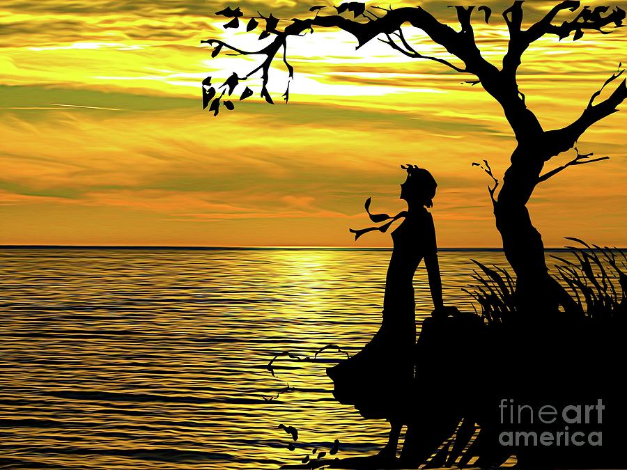 Sunset At The Lake Silhouette of a Woman Daydreaming Under a Tree Mixed Media by Rose Santuci-Sofranko