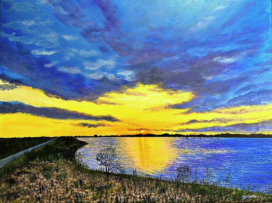 Sunset at the NewArk Reservoir Painting by Denise Van Deroef