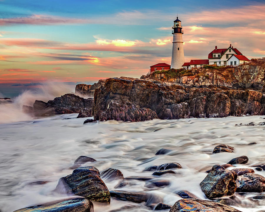Portland Head Light Photograph - Sunset At The Portland Head Lighthouse Over The Evening Tide by Gregory Ballos