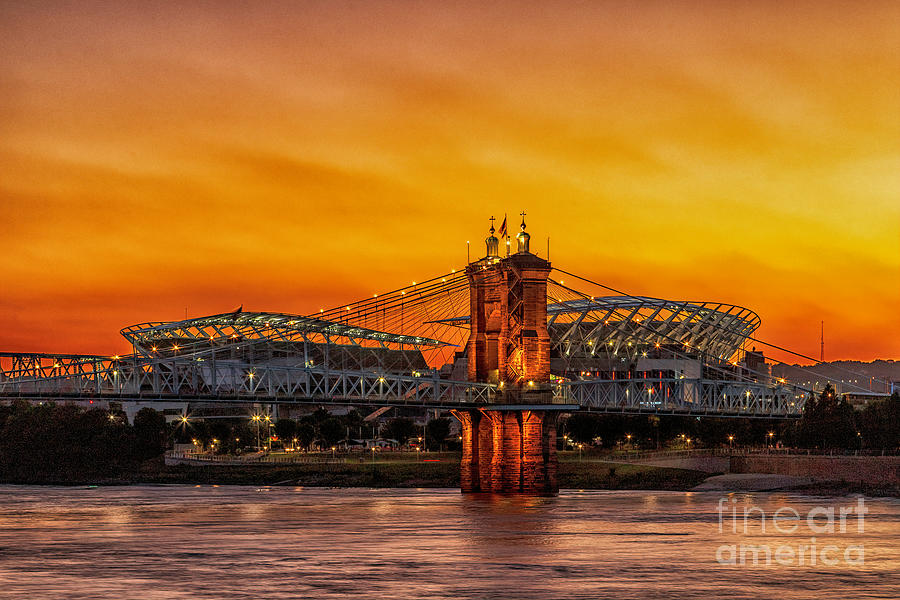 Sunset at the Roebling Bridge Cincinnati OH Photograph by Teresa Jack