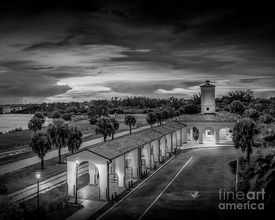 Sunset at the Train Depot in Venice, Florida, BW 2 Photograph by Liesl Walsh