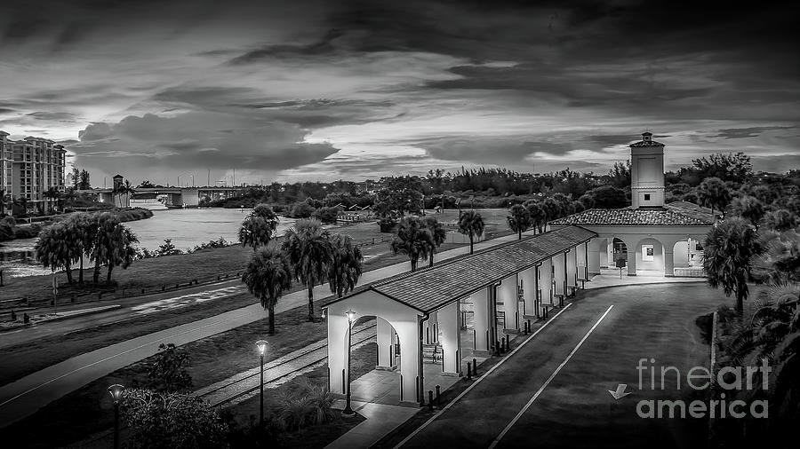Sunset at the Train Depot in Venice, Florida, BW Photograph by Liesl Walsh