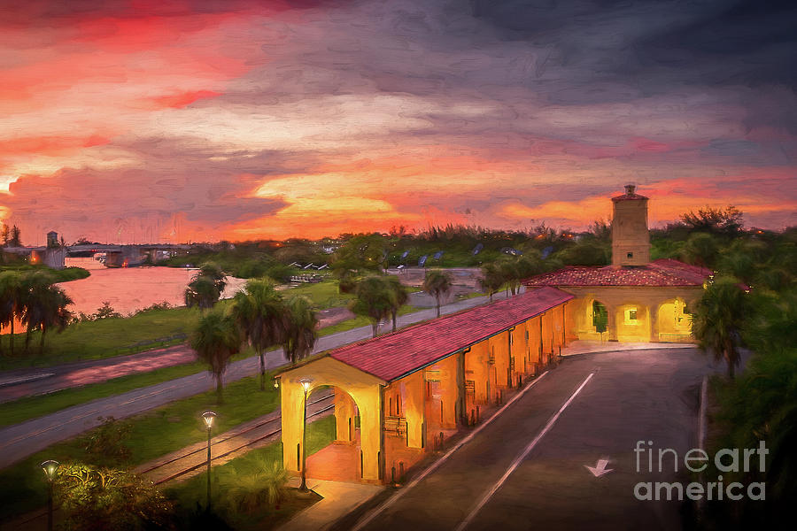Sunset at the Train Depot in Venice, Florida, Painterly Photograph by Liesl Walsh