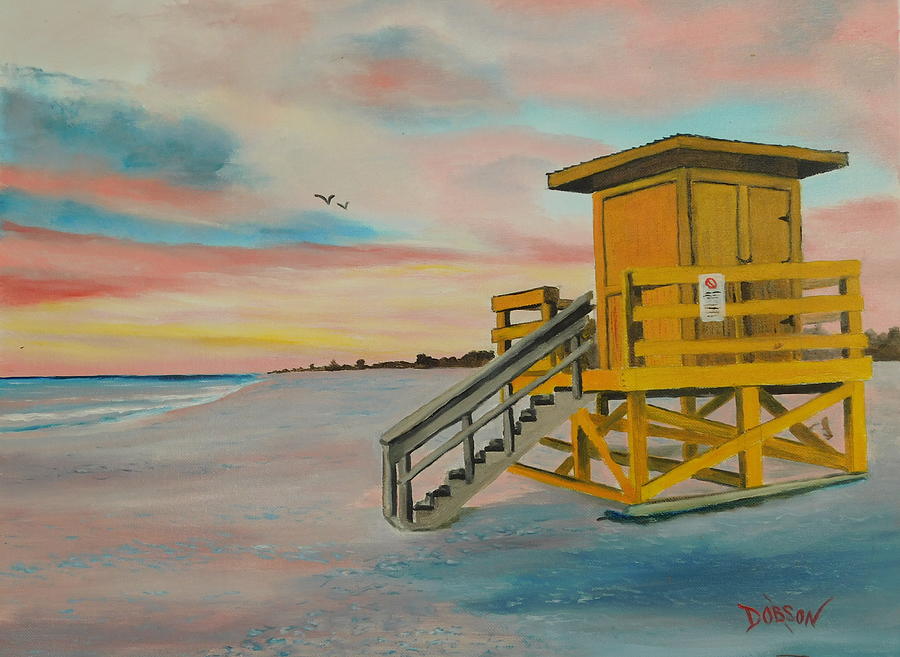 Sunset At The Yellow Lifeguard Stand On Siesta Key Beach Painting by Lloyd Dobson