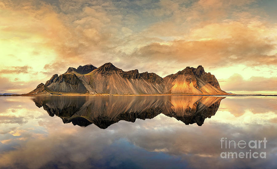 Nature Photograph - Sunset at Vestrahorn with mirror reflection. Iceland in autumn.  by Jane Rix