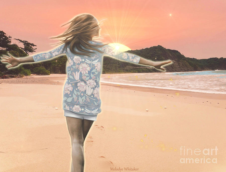 Sunset Beach in my Old Blue Shirt Mixed Media by Melodye Whitaker