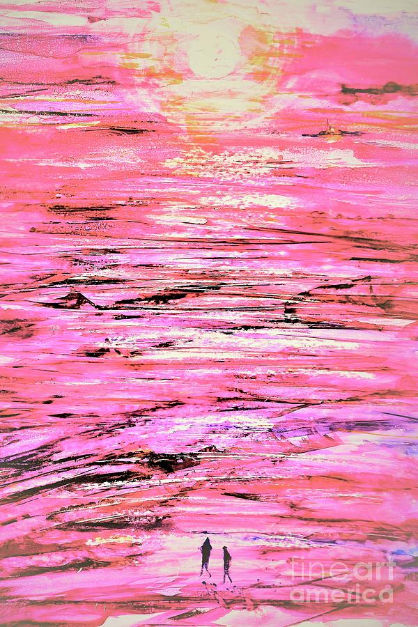 Sunset Beach Walk- Abstract Pink Painting by Patty Donoghue
