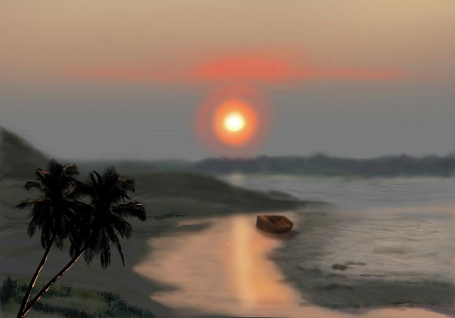 Sunset Beach with Boat #1 Digital Art by Steve Carpentier