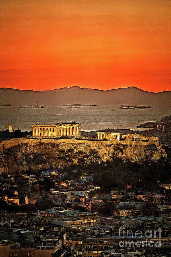 Sunset behind Acropolis of Athens Painting by George Atsametakis