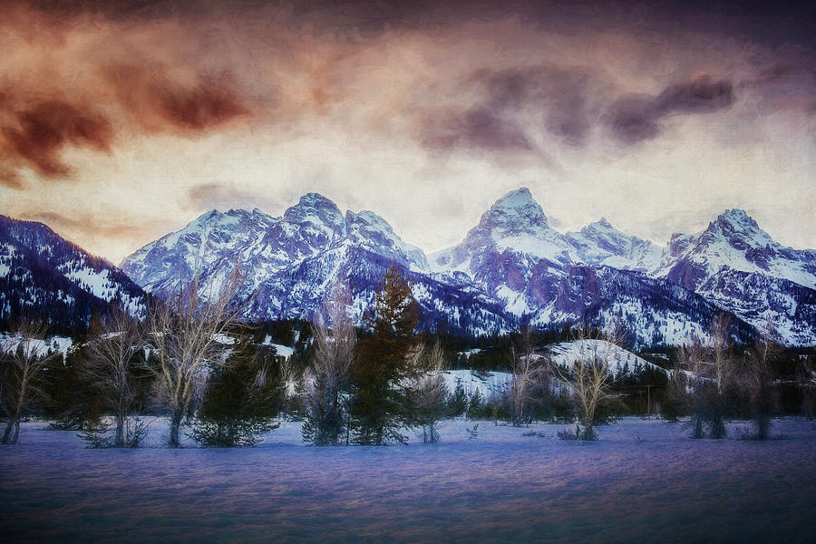 Sunset Behind the Tetons painterly version Photograph by Belinda Greb