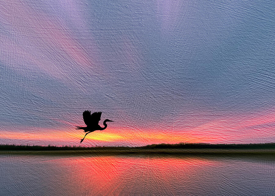Sunset Blur with Heron Silhouette - Texture Mixed Media by Patti Deters
