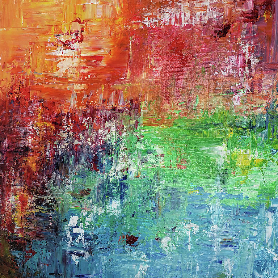 SUNSET BY THE POND Abstract In Primary Colors Red Blue Green Orange Yellow Painting by Lynnie Lang