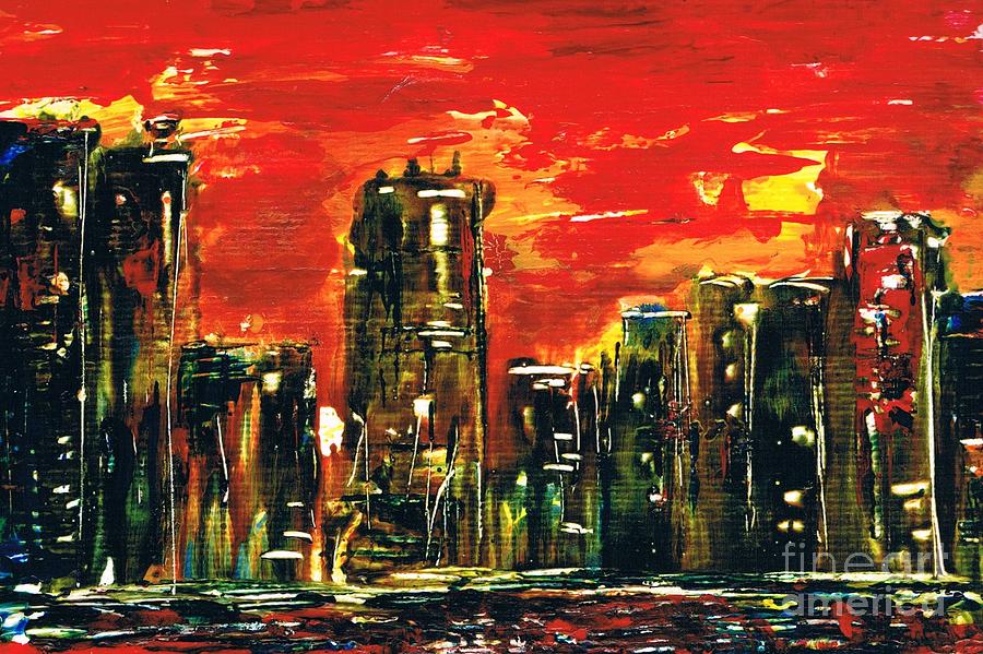 sunset city skyline painting