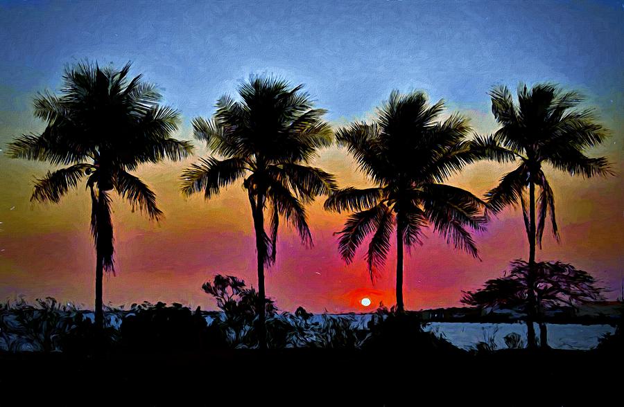 Sunset Coconut Palm Silhouettes Weipa Mixed Media by Joan Stratton