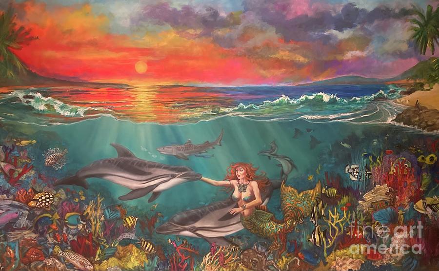 Sunset coral reef Painting by Joe Rizzo