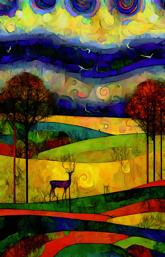 Sunset Deer at Hexgreave Mixed Media by Ann Leech