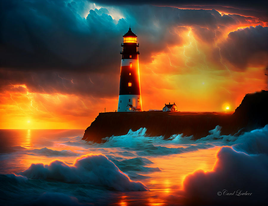 Sunset Drama at the Lighthouse Digital Art by Carol Lowbeer - Fine Art ...