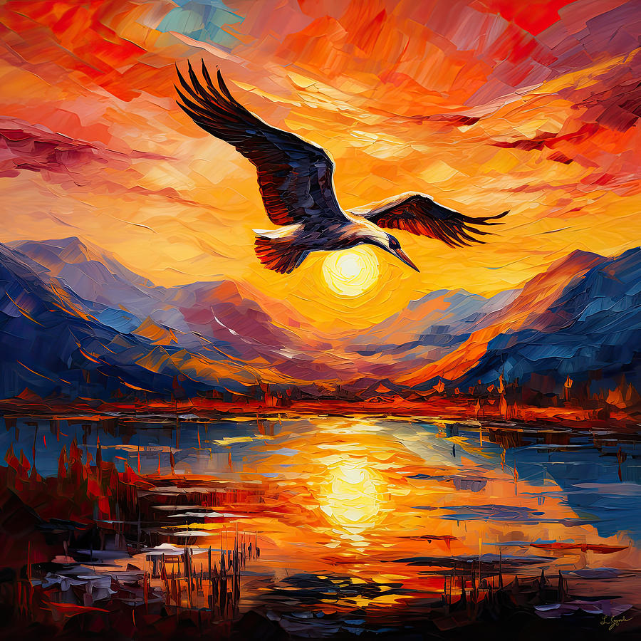 Crane Painting - Sunset Duet - Graceful Crane Flying at Sunset by Lourry Legarde