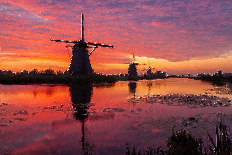 Sunset Dutch Denmark Windmill Wind Mill Painting by Tony Rubino