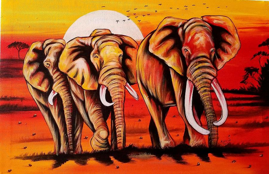 Sunset Painting - Sunset elephants painting by Kevin Jjagwe