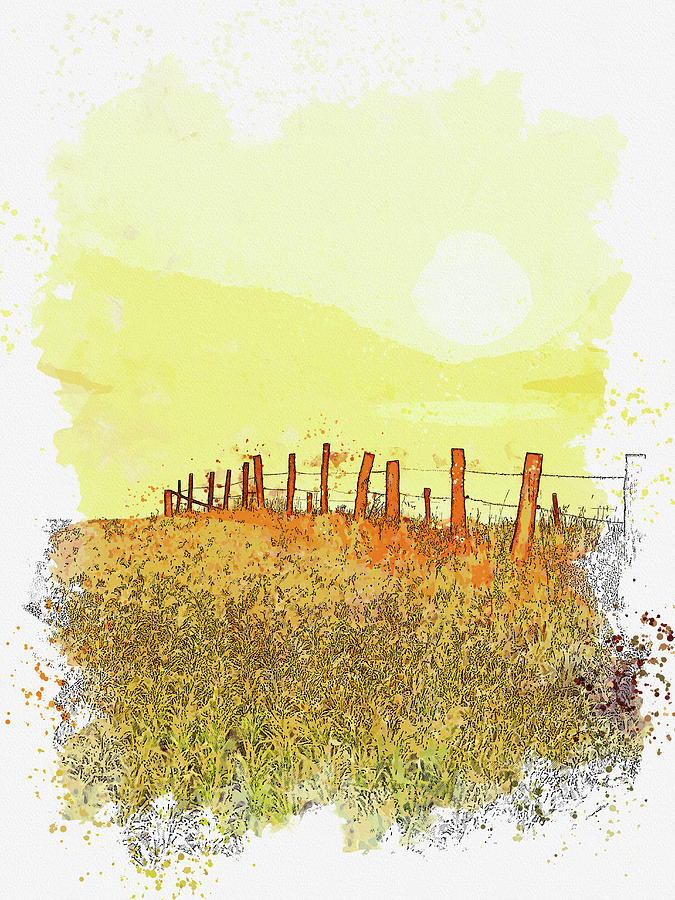 Sunset Field Fence, ca 2021 by Ahmet Asar, Asar Studios Painting by Celestial Images