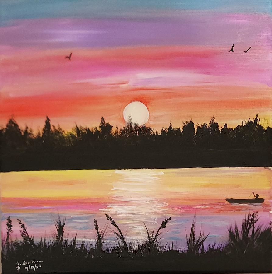 Sunset Painting - Sunset Fishing by Terry Feather