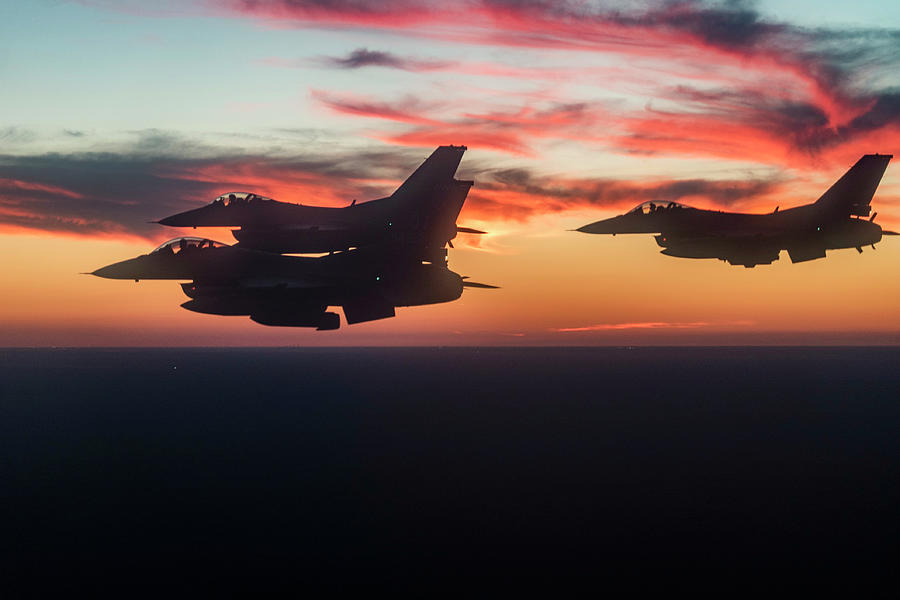 Sunset Flight Air Force F 16 Fighting Falcons fly over Painting by Celestial Images