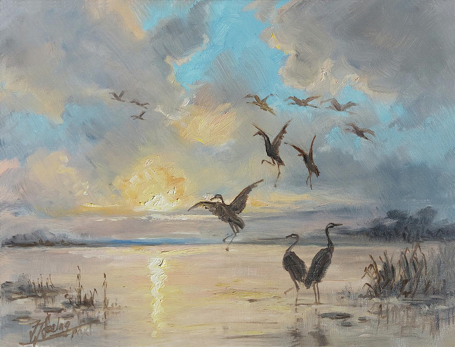 Sunset flight - Cranes Painting by Irek Szelag