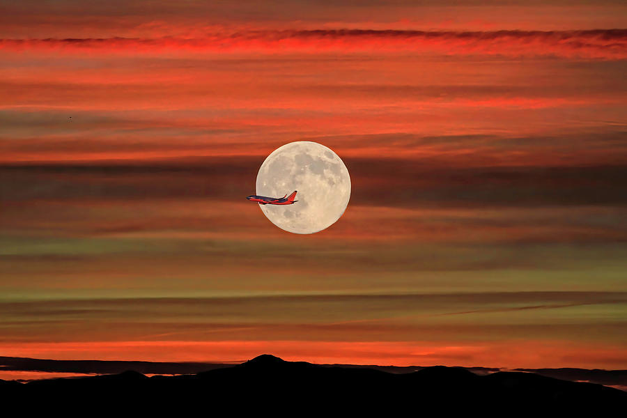 Airplane Photograph - Sunset Flight With Full Moon by Donna Kennedy