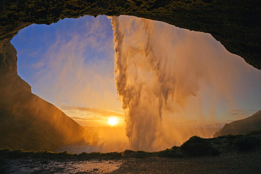 Sunset from behind Seljalandsfoss, Iceland Photograph by T,P,Davies Photography