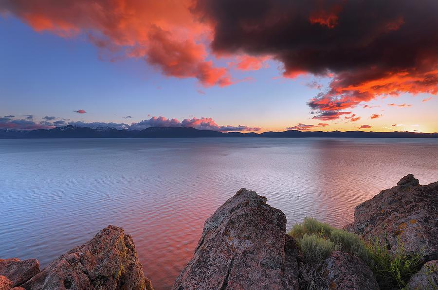 Sunset from Cave Rock at Lake Tahoe in Nevada Photograph by Jetson Nguyen