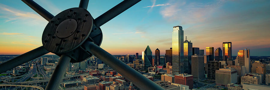 Sunset From the Ball - Dallas Texas Skyline Panorama Photograph by Gregory Ballos