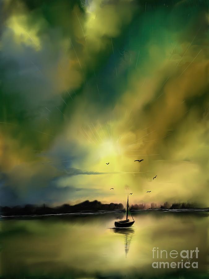 Sunset green sailboat Digital Art by Darren Cannell